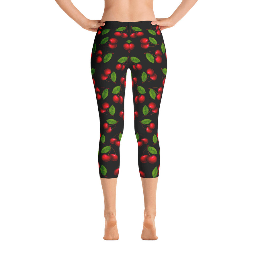 "Cherry" Black Capri Leggings - vegan-styles
