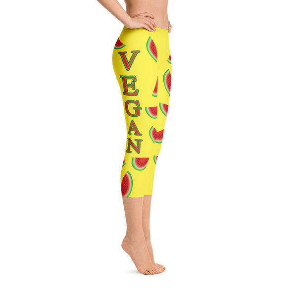 "Vegan Watermelon" Yellow Capri Leggings - vegan-styles