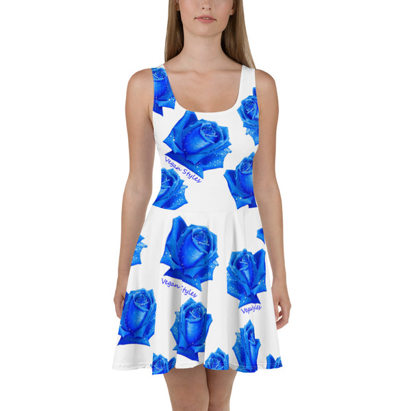 "Blue Rose" White Skater Dress - vegan-styles