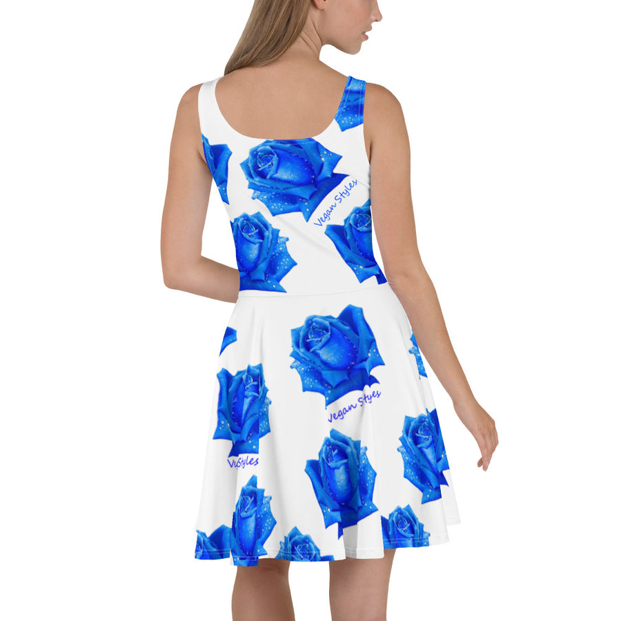 "Blue Rose" White Skater Dress - vegan-styles