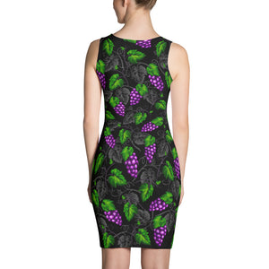 Grape Themed Black Colored Sublimation Comfort Stretch to Perfect Fit Cut & Sew Women’s Dress - vegan-styles
