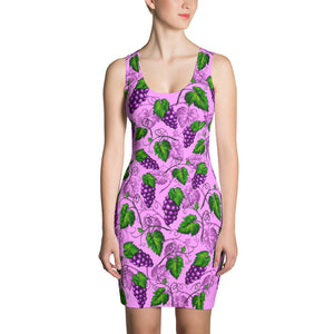 Grape Themed Pink Colored Sublimation Comfort Stretch to Perfect Fit Cut & Sew Women’s Dress - vegan-styles